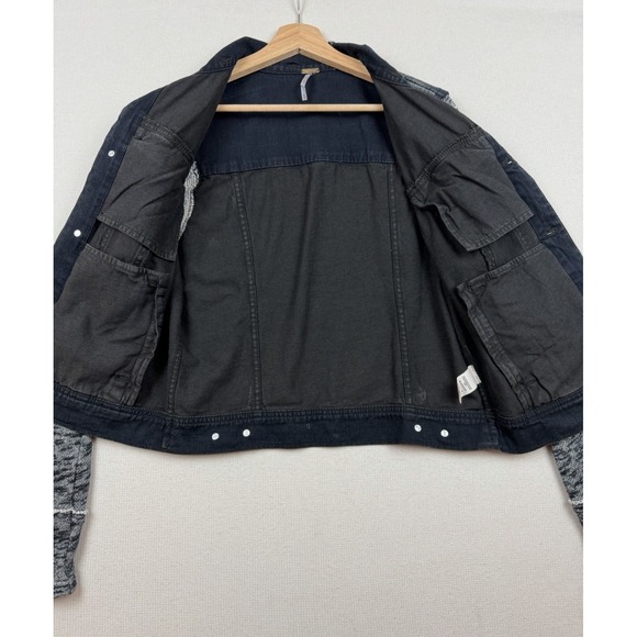 Free People Women's Black Distressed Jean Jacket Sweatshirt Sleeves No Hood Sz M - Picture 4 of 12